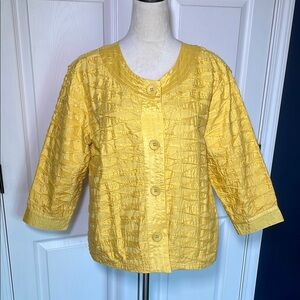 Chico's Textured Cotton Lined Yellow Blazer 3/4 Sleeve Size Medium